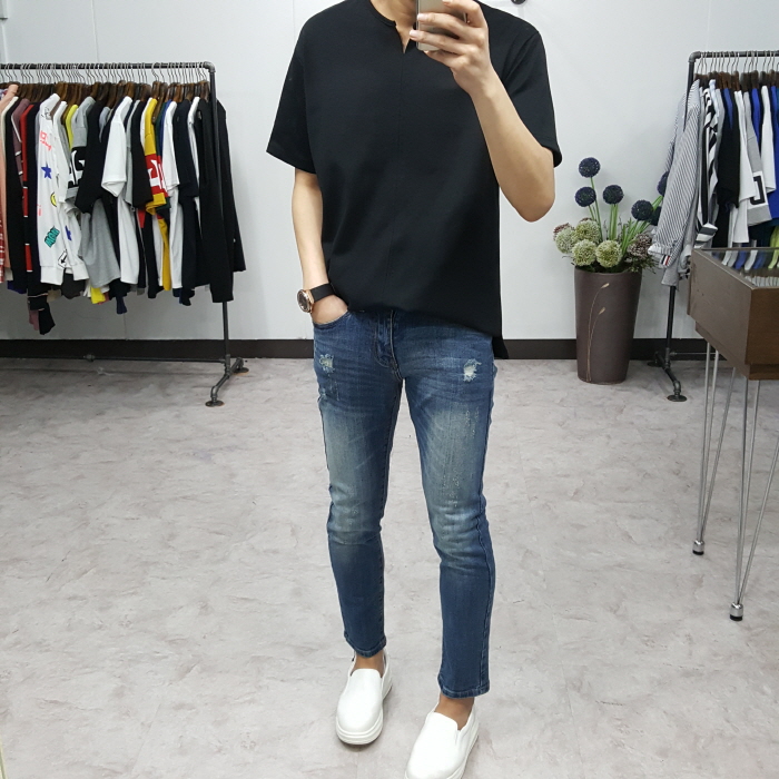 Korea Jeans Pants Men's Point Damage Slim Span 