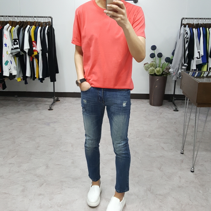 Korea Jeans Pants Men's Point Damage Slim Span 