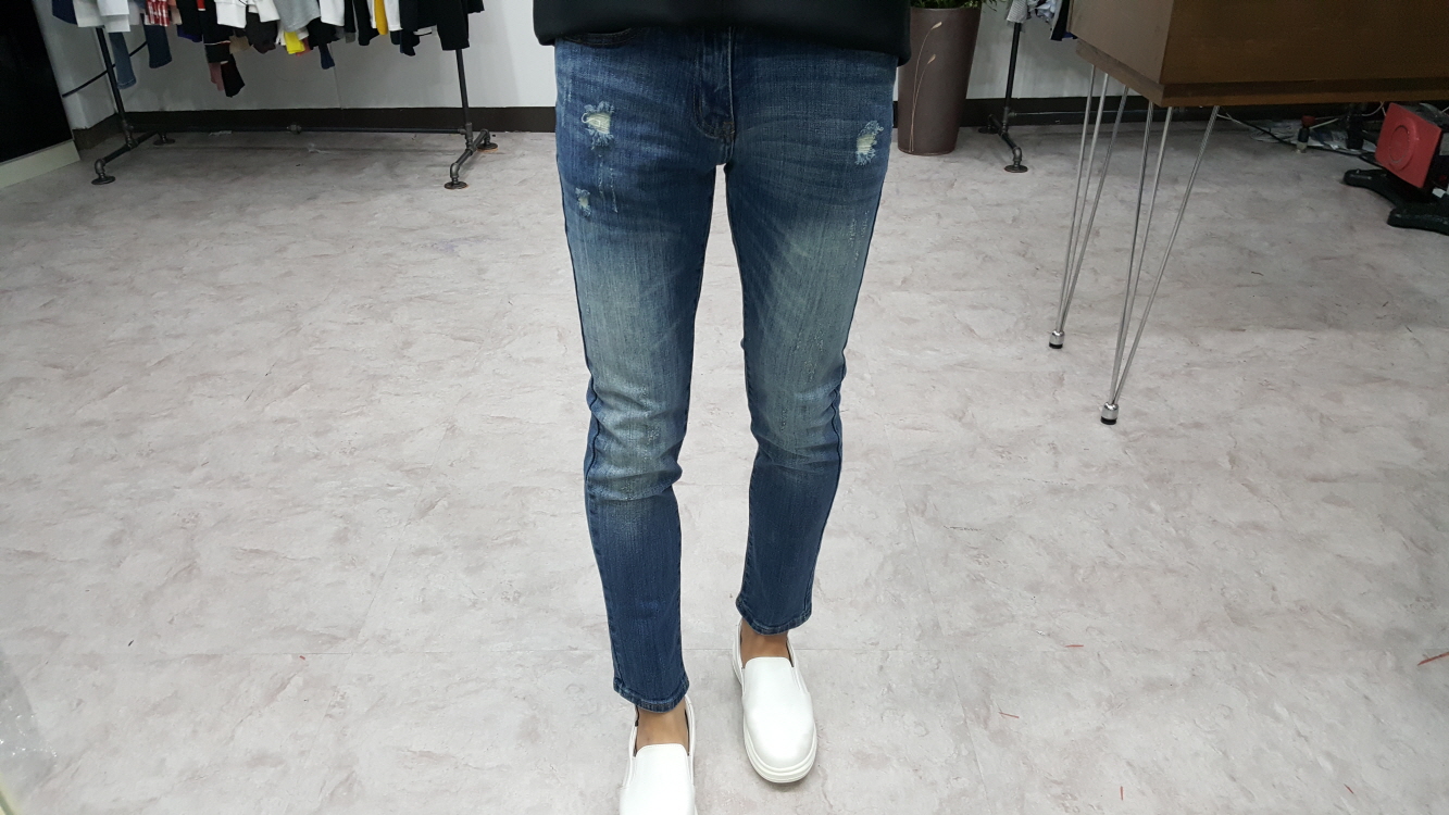 Korea Jeans Pants Men's Point Damage Slim Span 