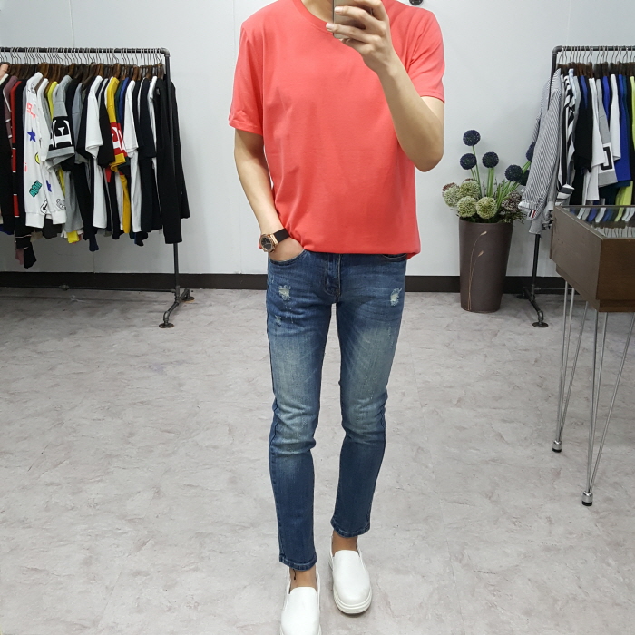Korea Jeans Pants Men's Point Damage Slim Span 