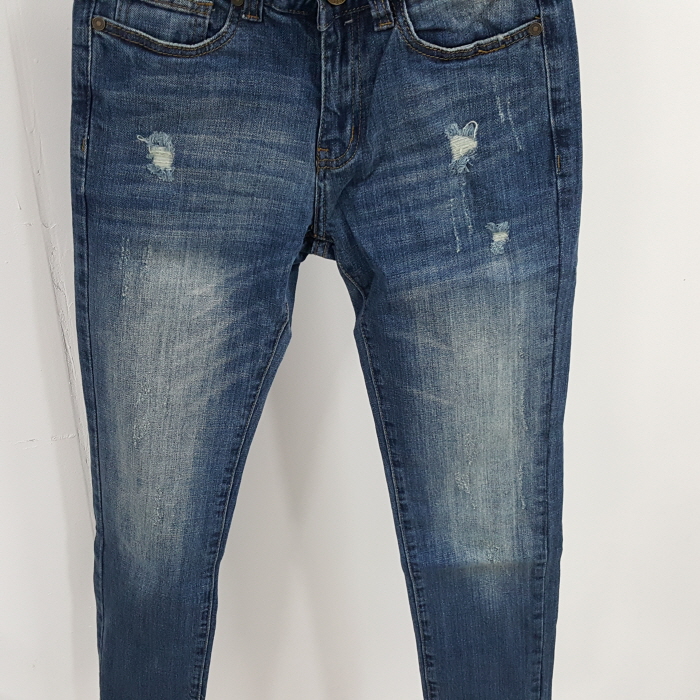 Korea Jeans Pants Men's Point Damage Slim Span 