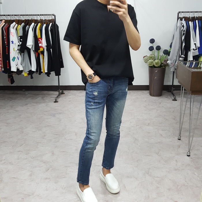 Korea Jeans Pants Men's Point Damage Slim Span 