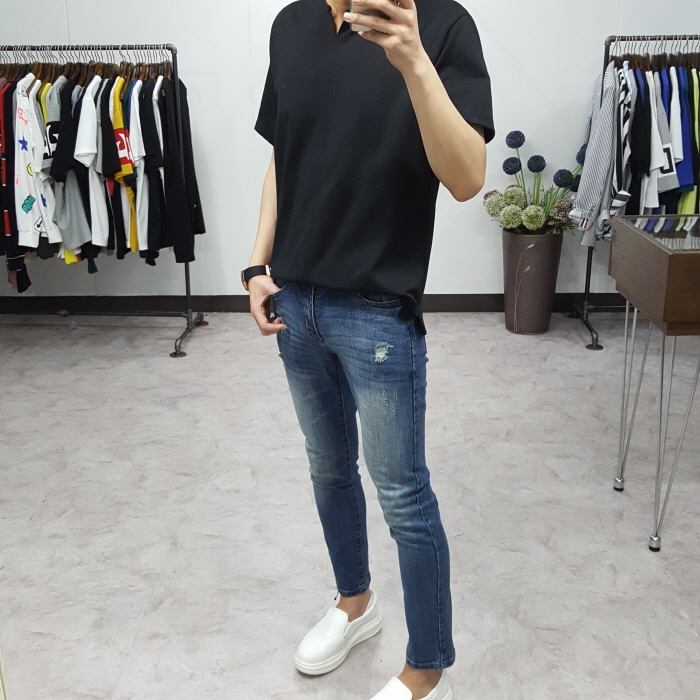 Korea Jeans Pants Men's Point Damage Slim Span 
