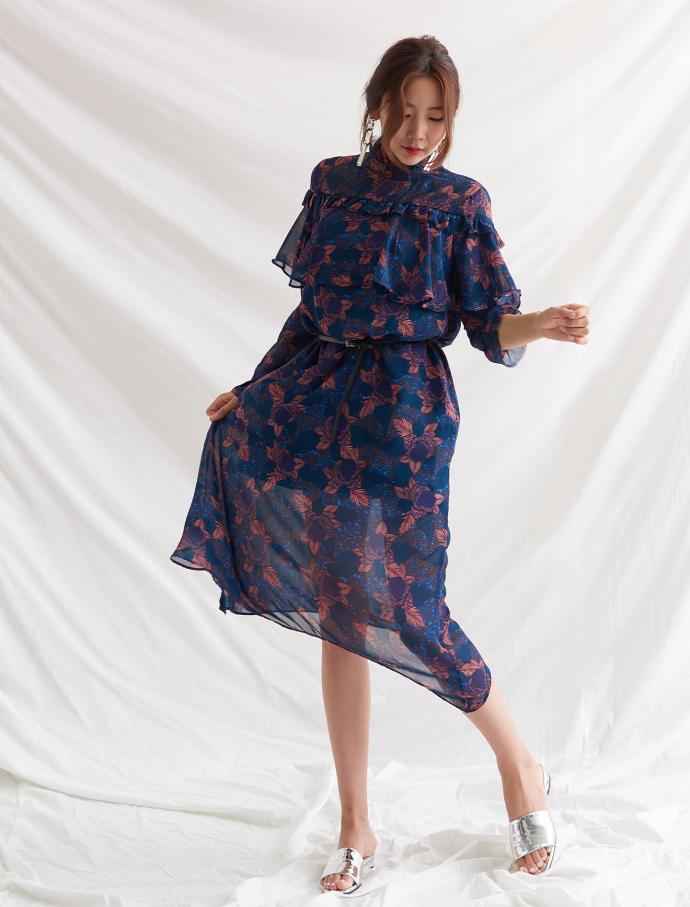 High-necked Flower Chiffon Long Dress Beige, Navy 