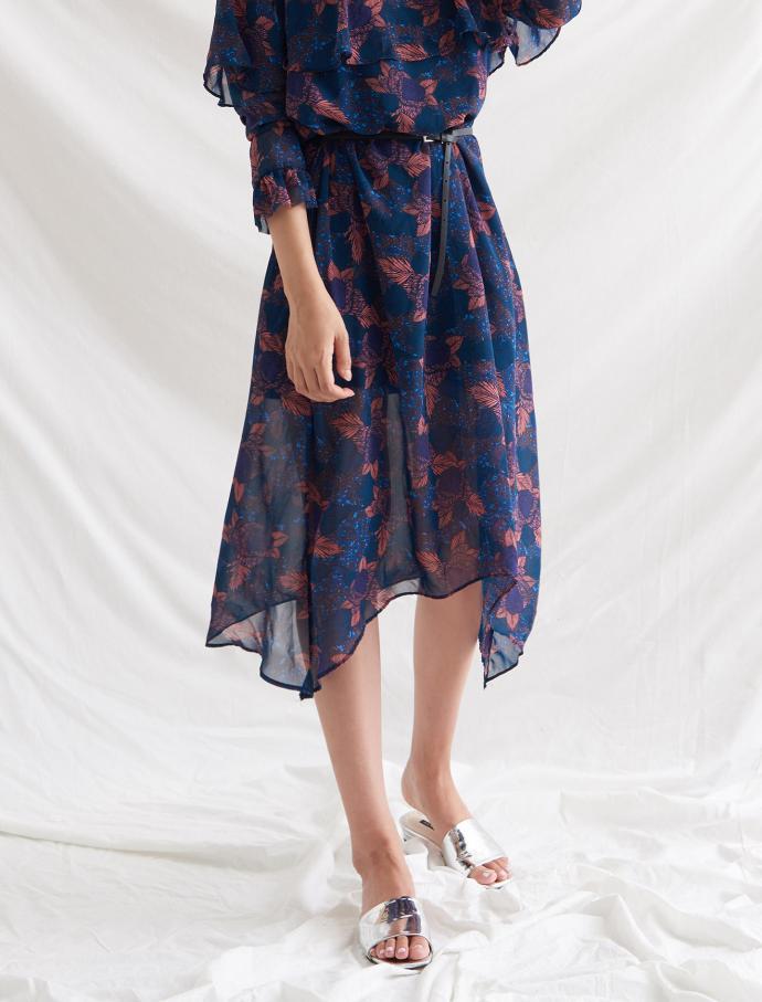 High-necked Flower Chiffon Long Dress Beige, Navy 