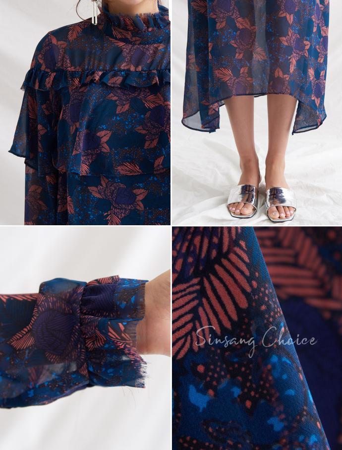 High-necked Flower Chiffon Long Dress Beige, Navy 