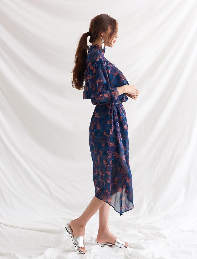 High-necked Flower Chiffon Long Dress Beige, Navy 