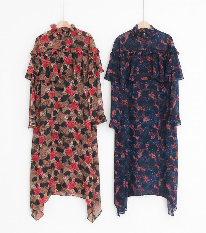 High-necked Flower Chiffon Long Dress Beige, Navy 