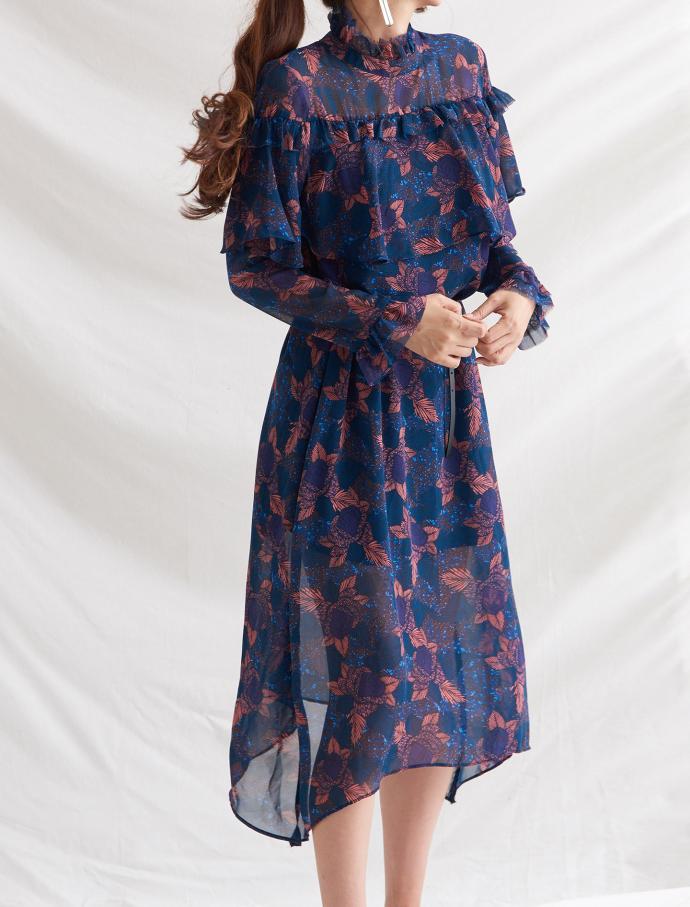 High-necked Flower Chiffon Long Dress Beige, Navy 