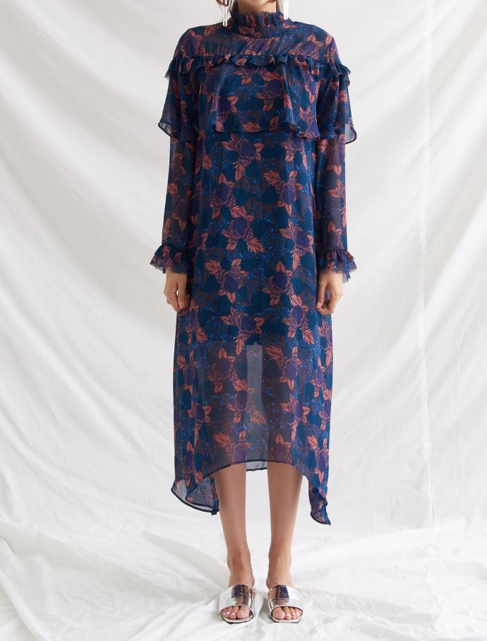 High-necked Flower Chiffon Long Dress Beige, Navy 