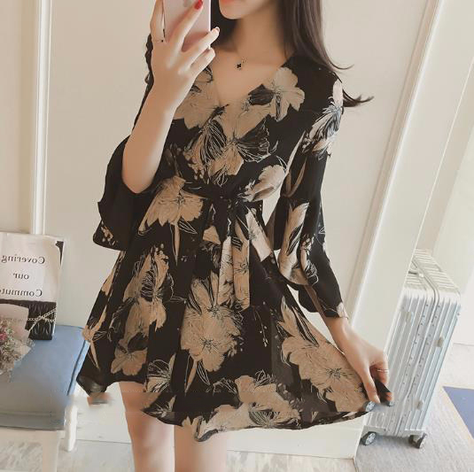 New Women Dress Lev Ethnic Flower V Neck Wrap Dres