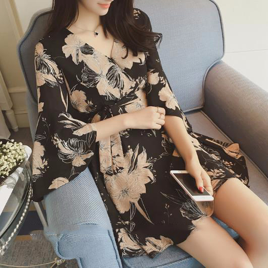 New Women Dress Lev Ethnic Flower V Neck Wrap Dres