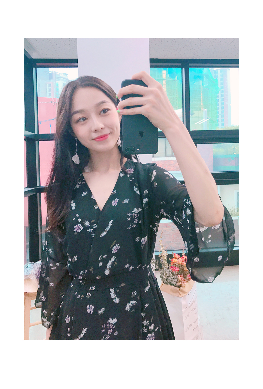 New Women Dress Plum Flower Black Wrap Dress Femin