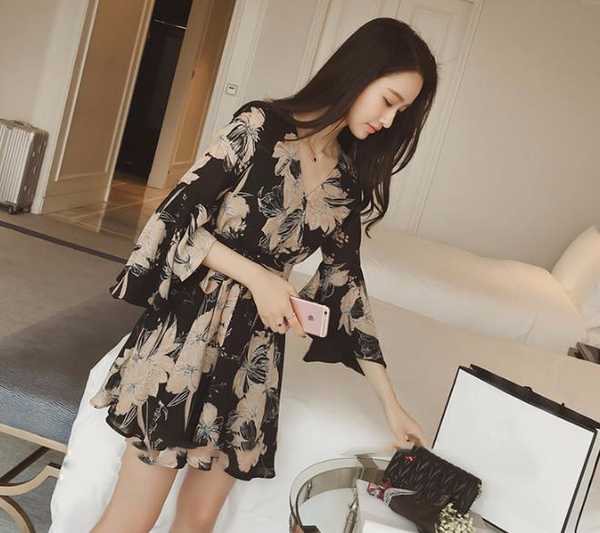 New Women Dress Lev Ethnic Flower V Neck Wrap Dres