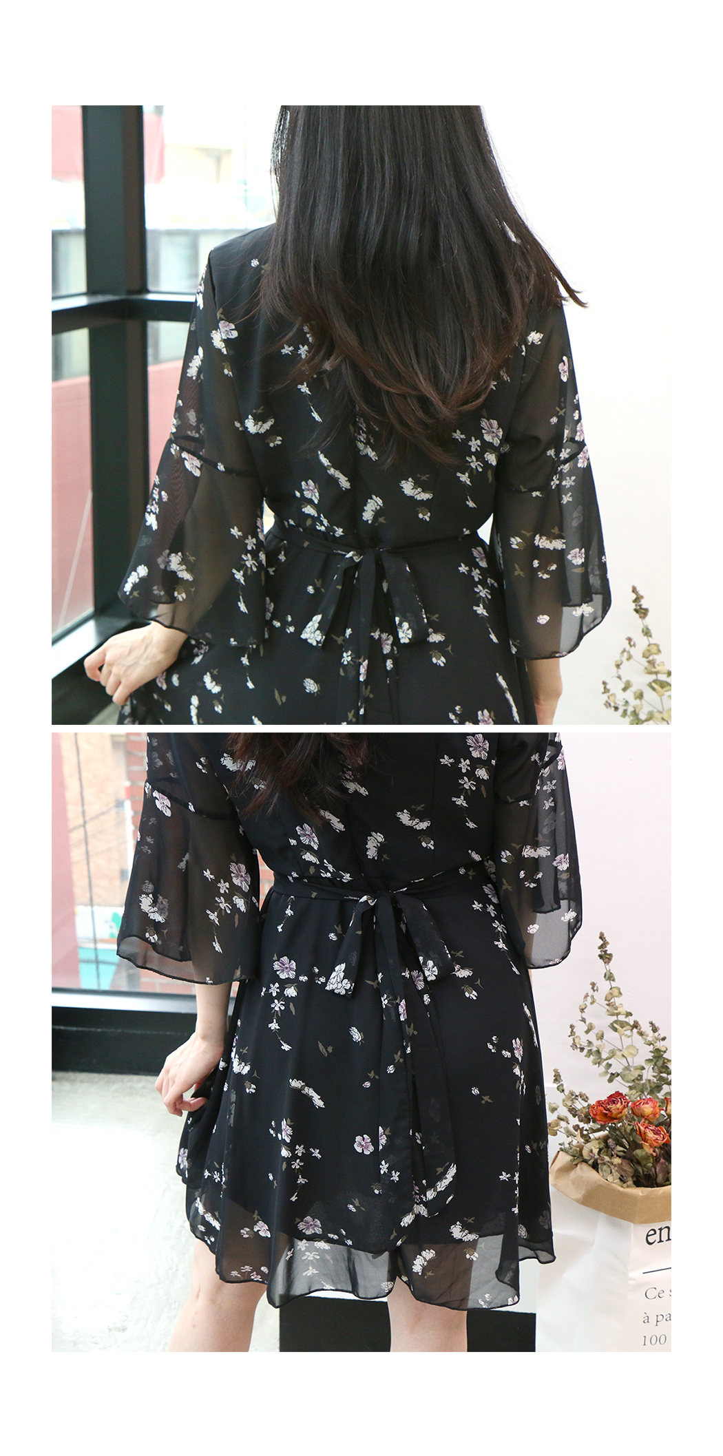 New Women Dress Plum Flower Black Wrap Dress Femin