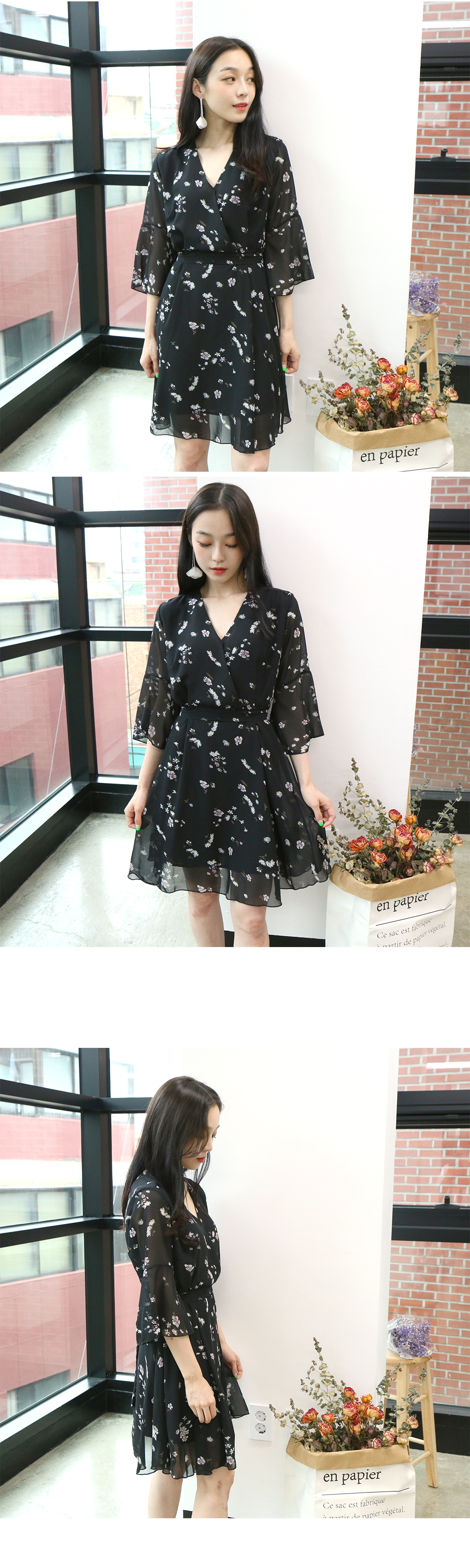 New Women Dress Plum Flower Black Wrap Dress Femin