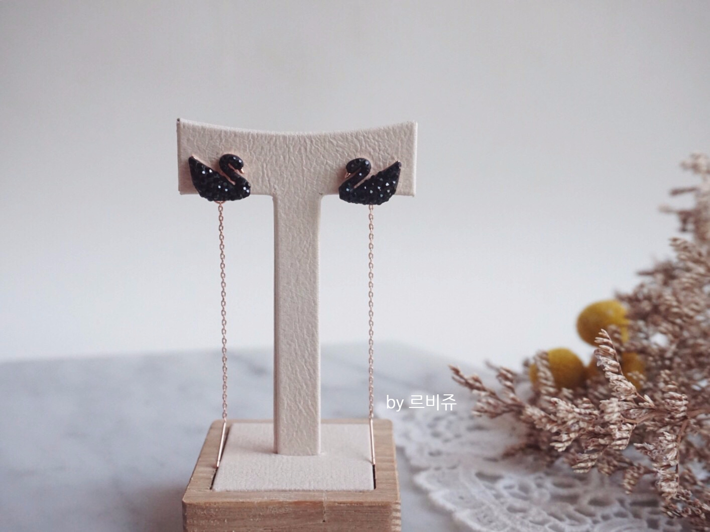 Black Swan Swan Long Drop Earrings Rose Gold