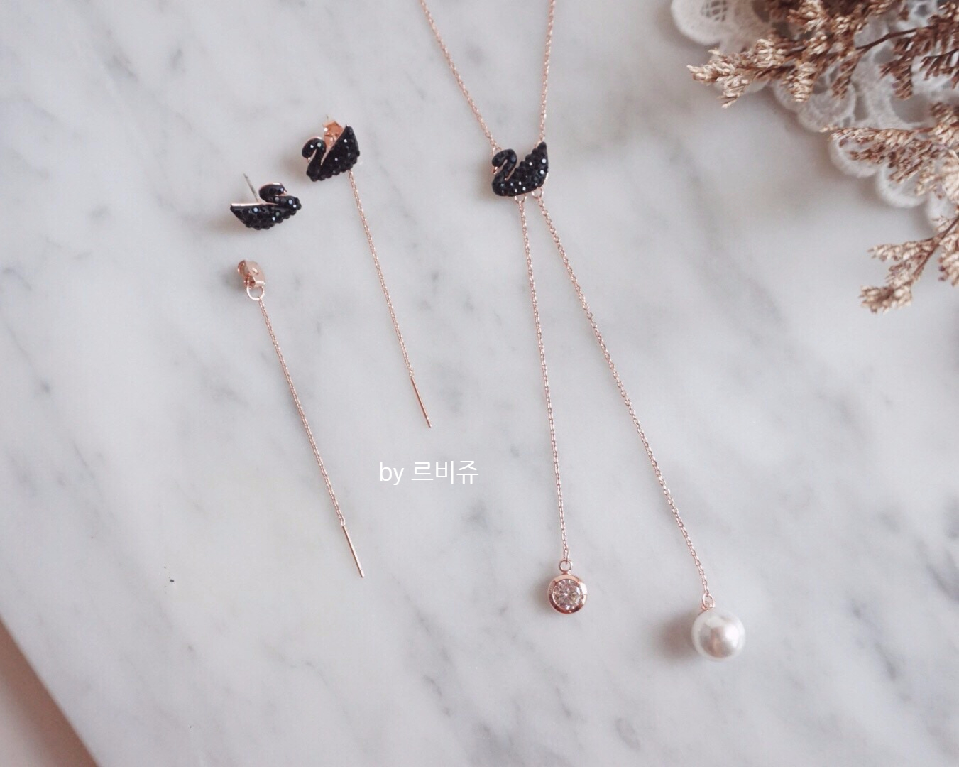 Black Swan Swan Long Drop Earrings Rose Gold