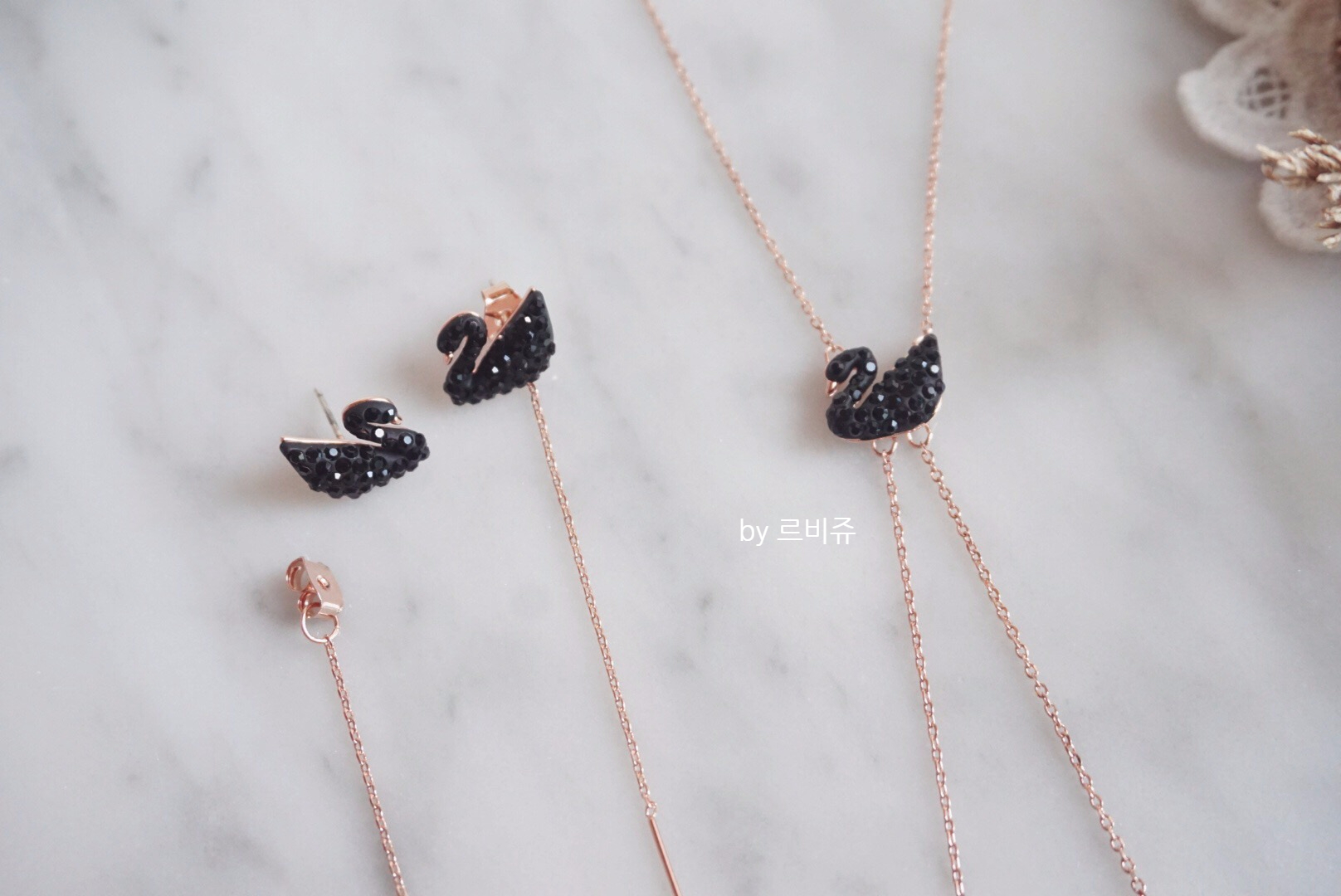 Black Swan Swan Long Drop Earrings Rose Gold