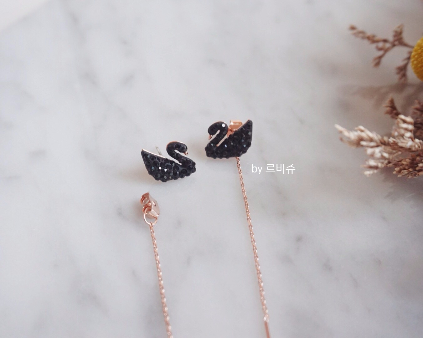Black Swan Swan Long Drop Earrings Rose Gold