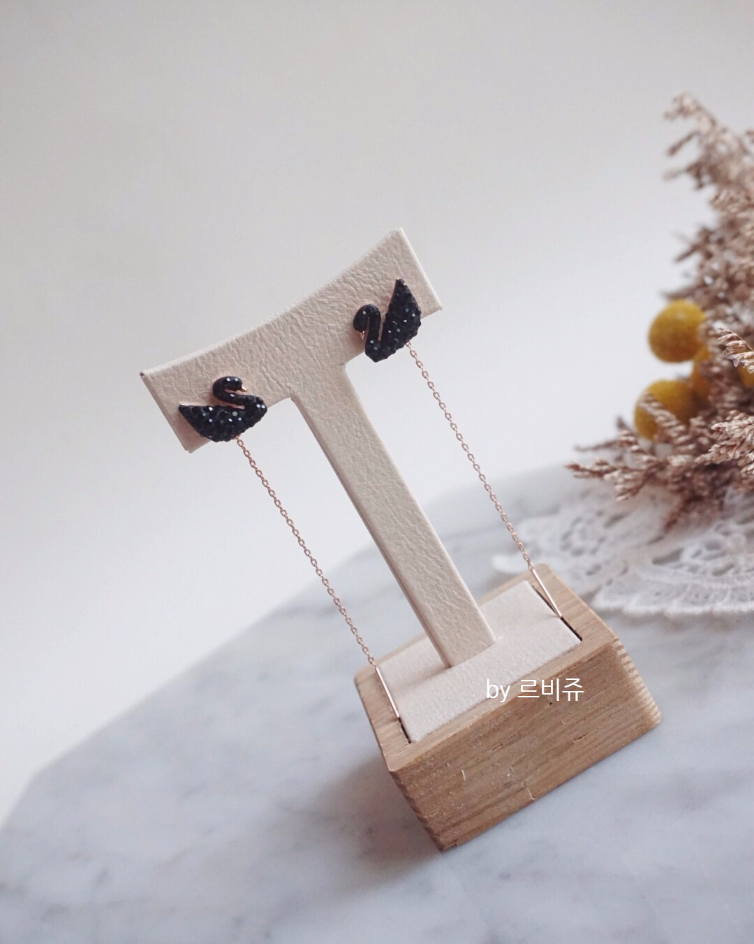 Black Swan Swan Long Drop Earrings Rose Gold
