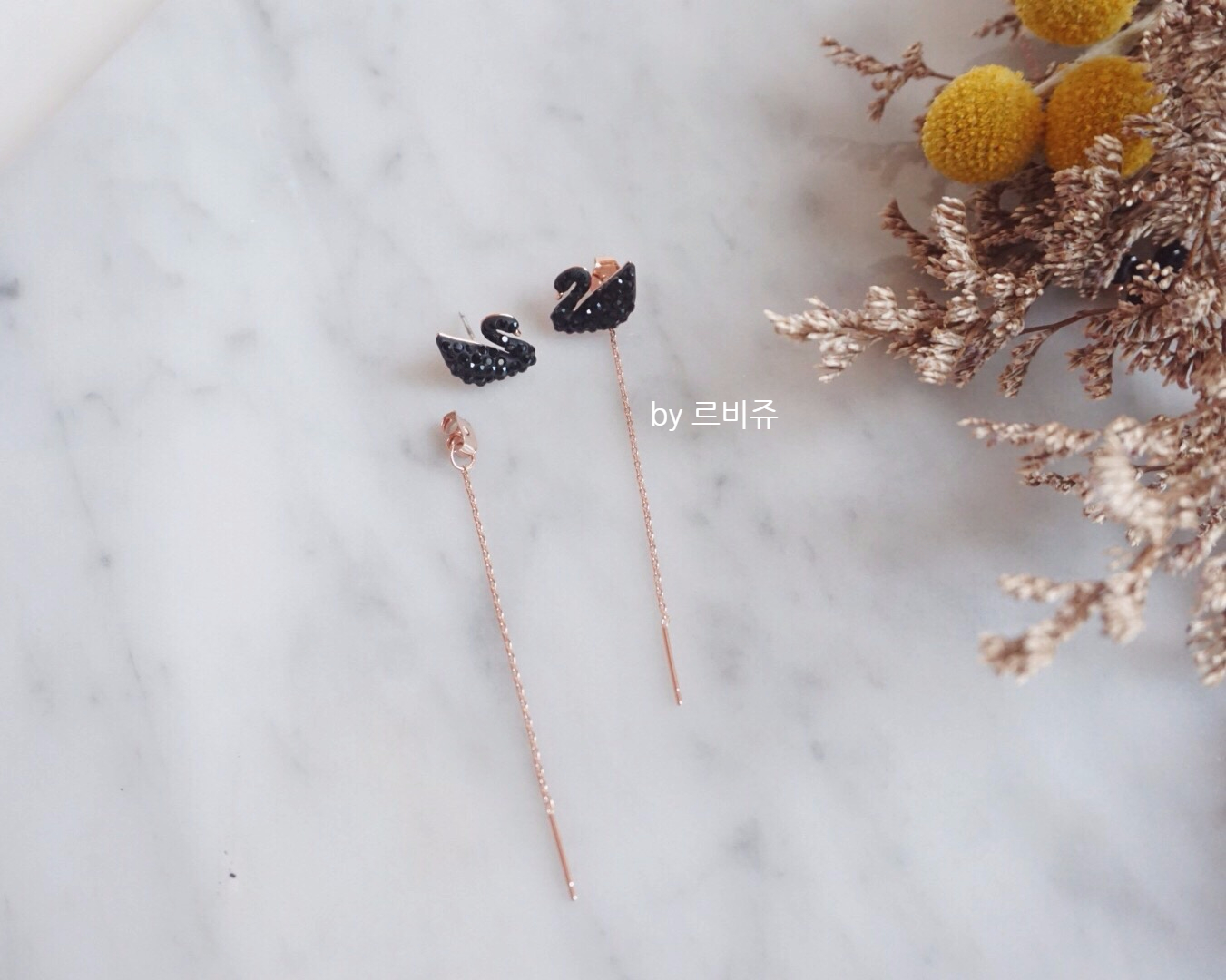 Black Swan Swan Long Drop Earrings Rose Gold