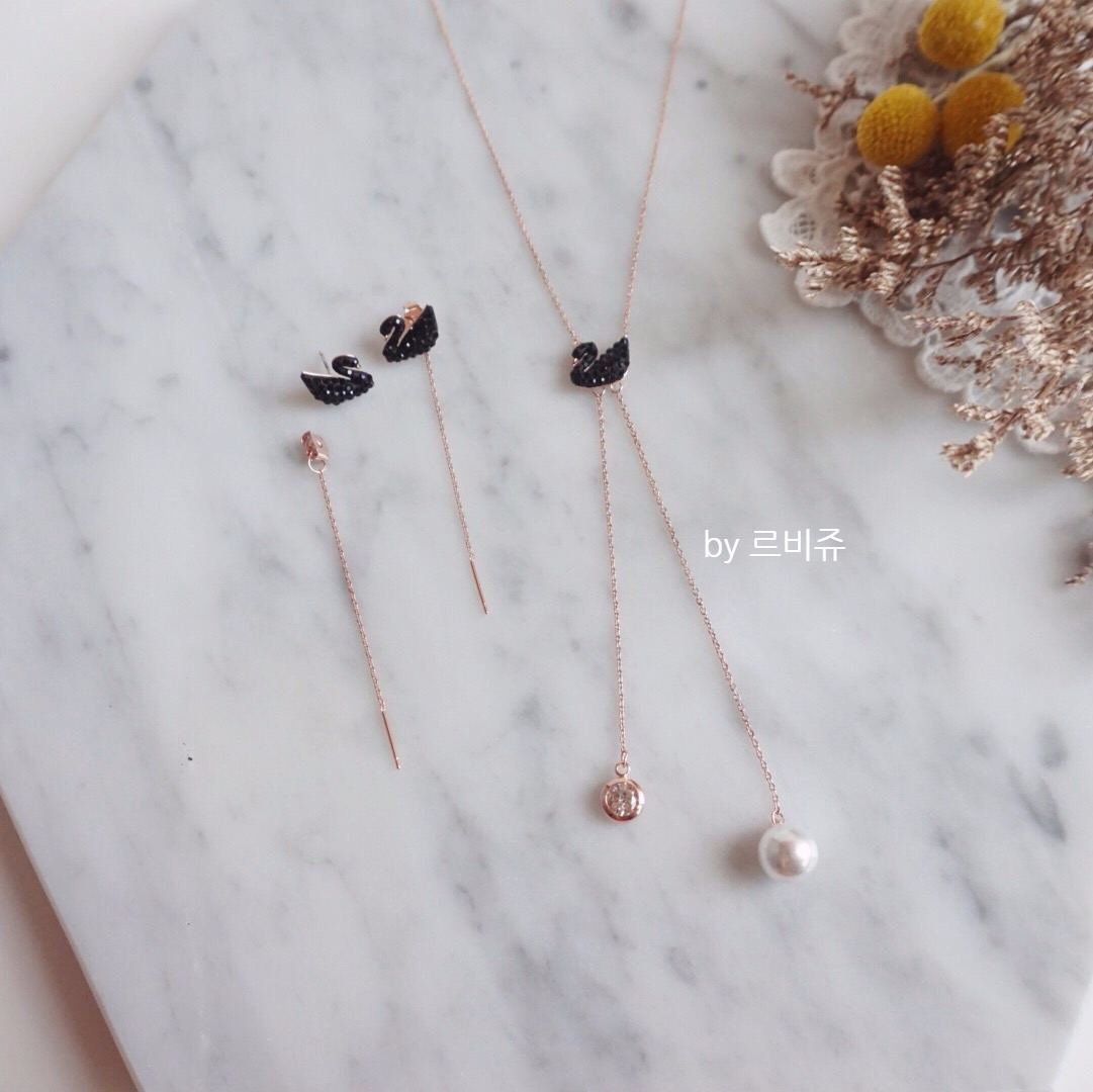 Black Swan Swan Long Drop Earrings Rose Gold