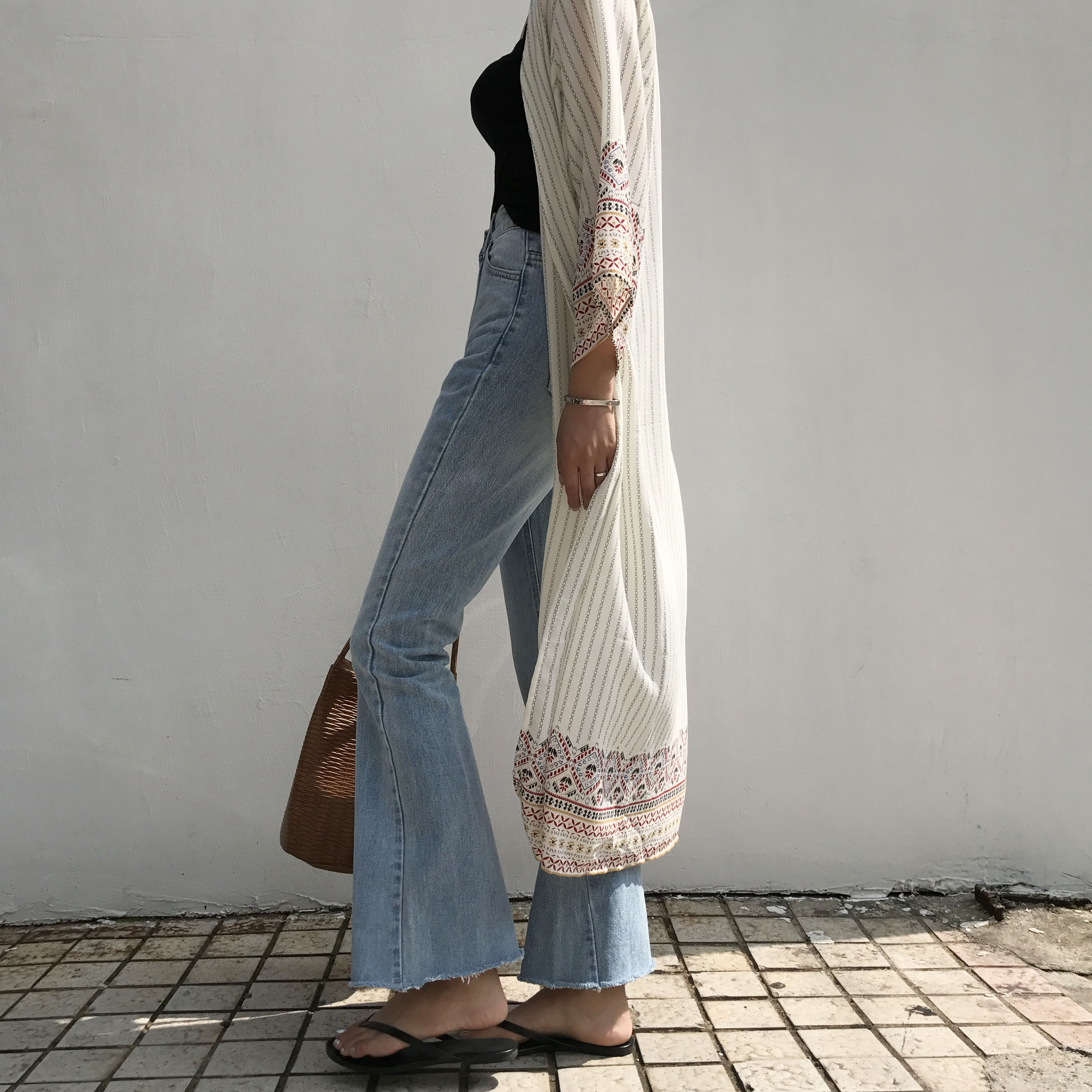 Women Jeans Pants Simple high waisted semi-long bo