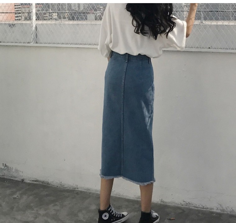 Denim Skirt incision incision long vintage silk re
