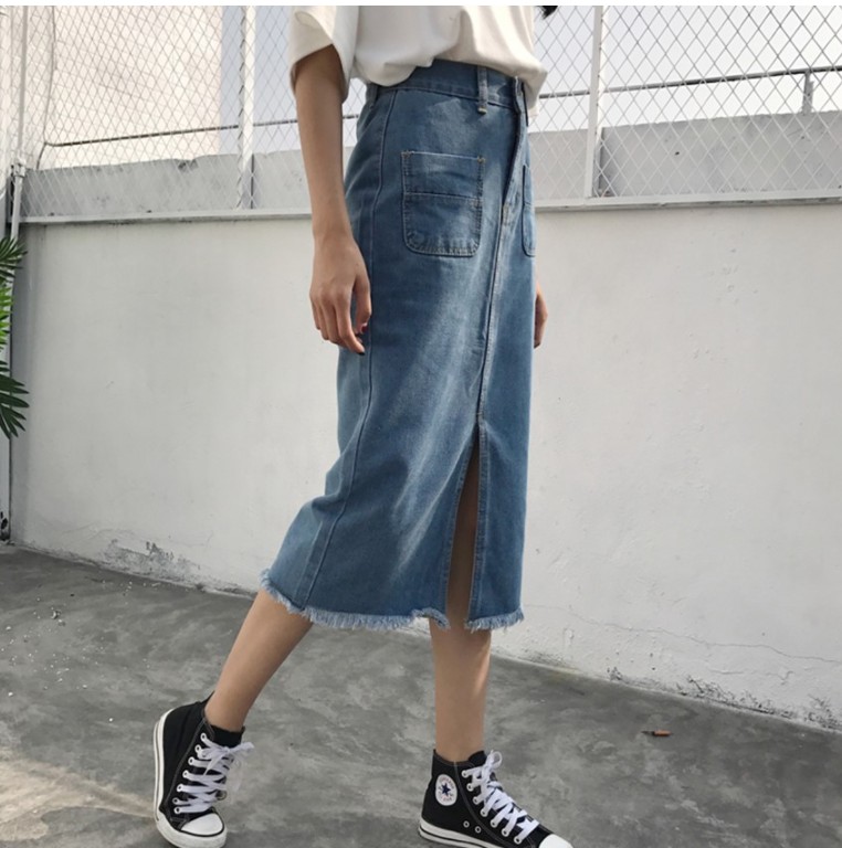 Denim Skirt incision incision long vintage silk re