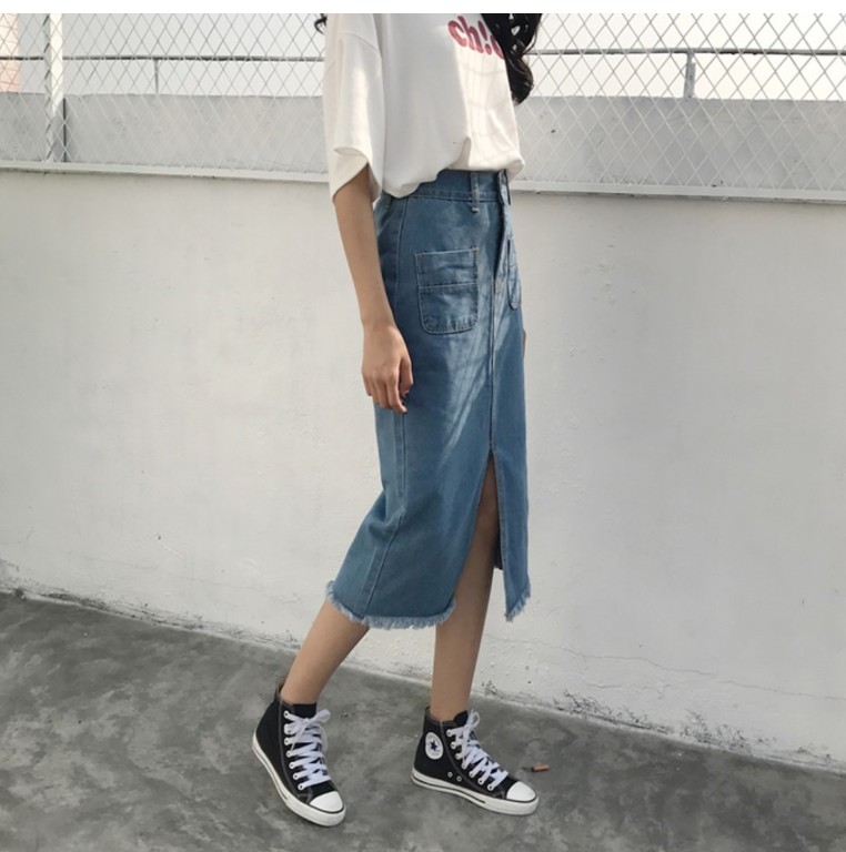 Denim Skirt incision incision long vintage silk re