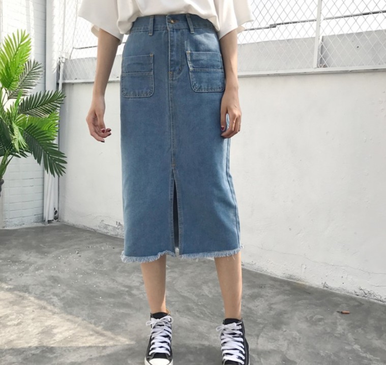 Denim Skirt incision incision long vintage silk re