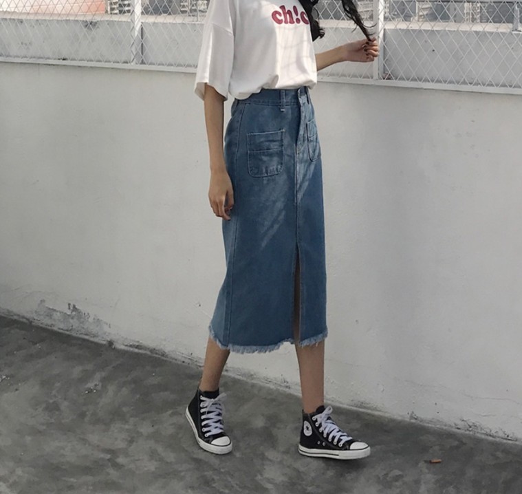 Denim Skirt incision incision long vintage silk re