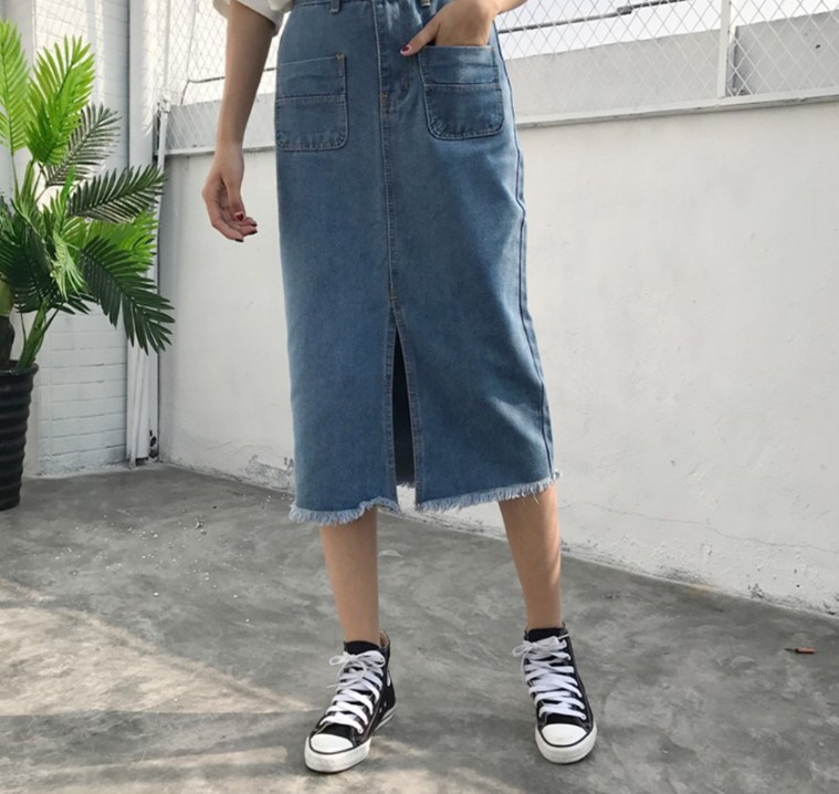 Denim Skirt incision incision long vintage silk re