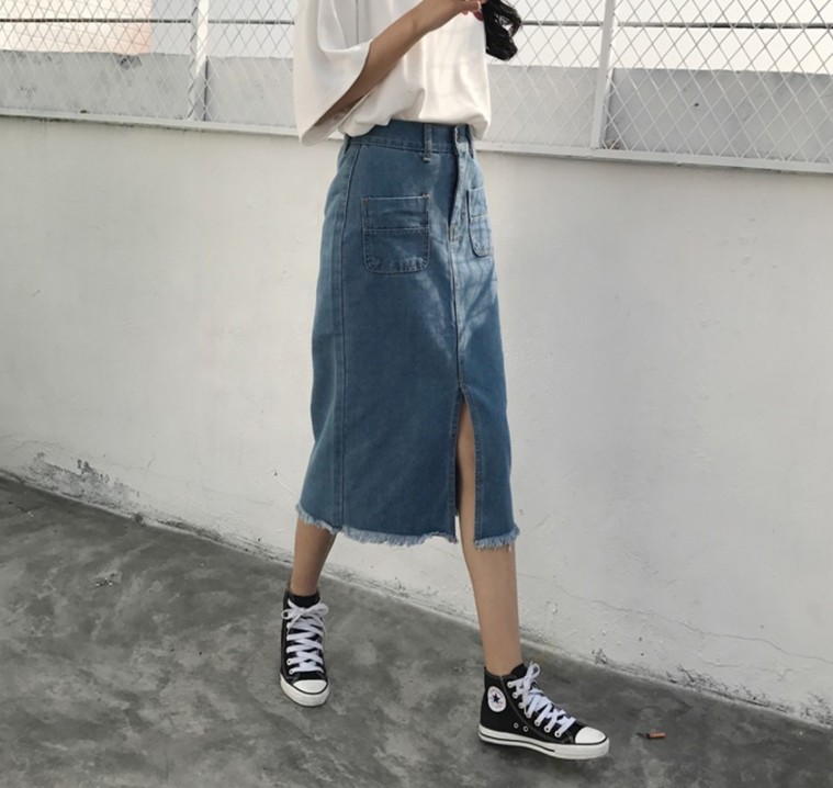 Denim Skirt incision incision long vintage silk re