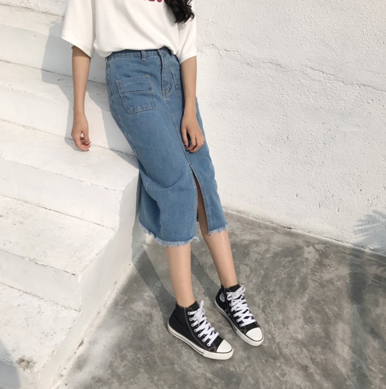 Denim Skirt incision incision long vintage silk re