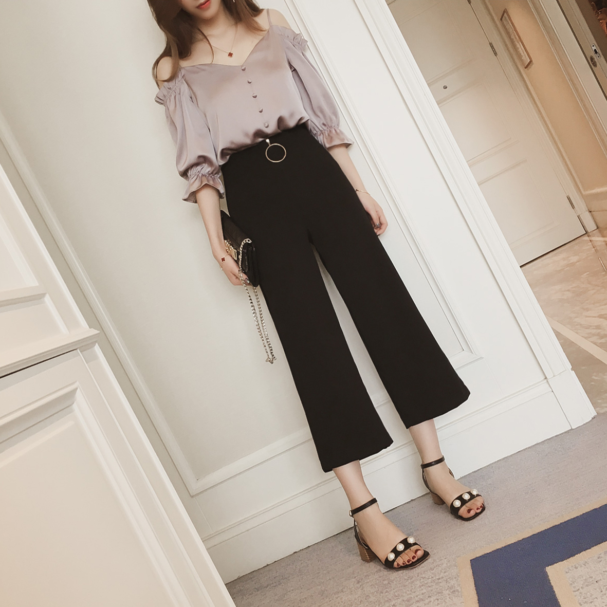 New Women's Pants O-ring Black Wide Slacks Femi