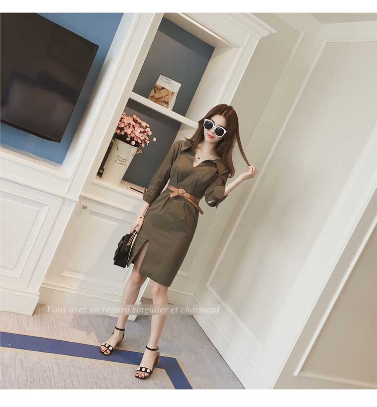 New Stripe Side Shirt Dress Khaki, Belt set Women&