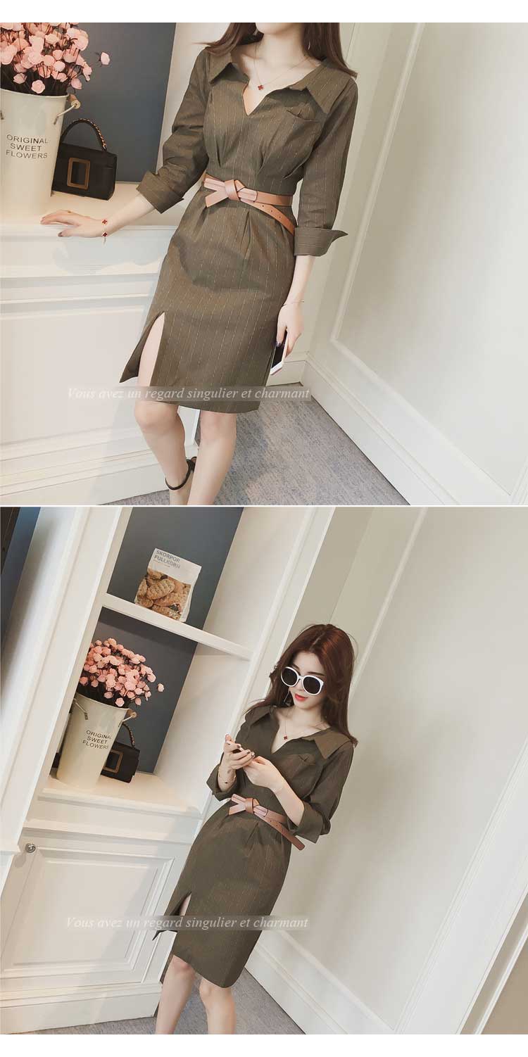 New Stripe Side Shirt Dress Khaki, Belt set Women&