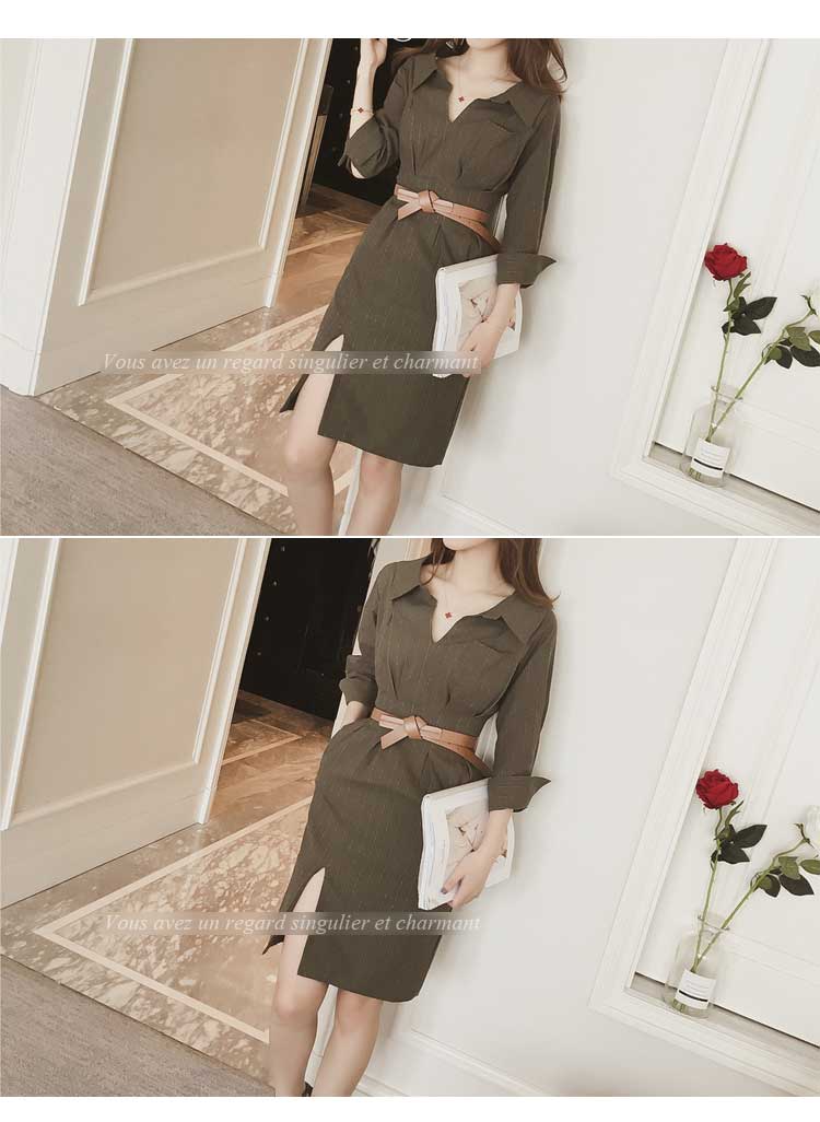 New Stripe Side Shirt Dress Khaki, Belt set Women&
