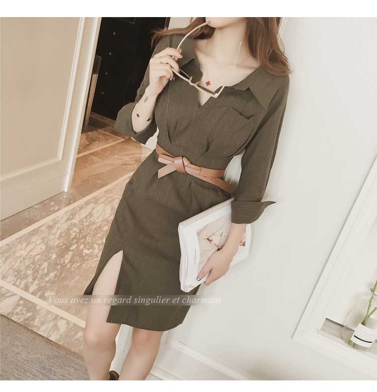 New Stripe Side Shirt Dress Khaki, Belt set Women&