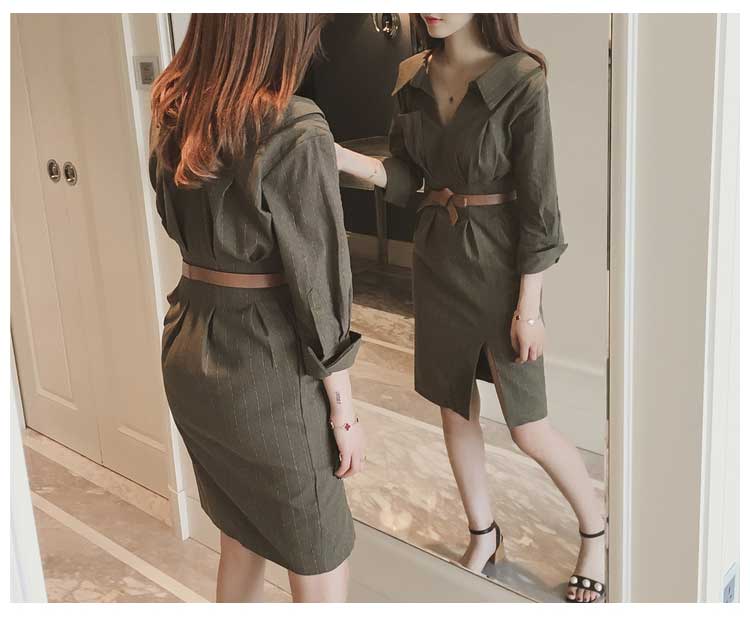 New Stripe Side Shirt Dress Khaki, Belt set Women&