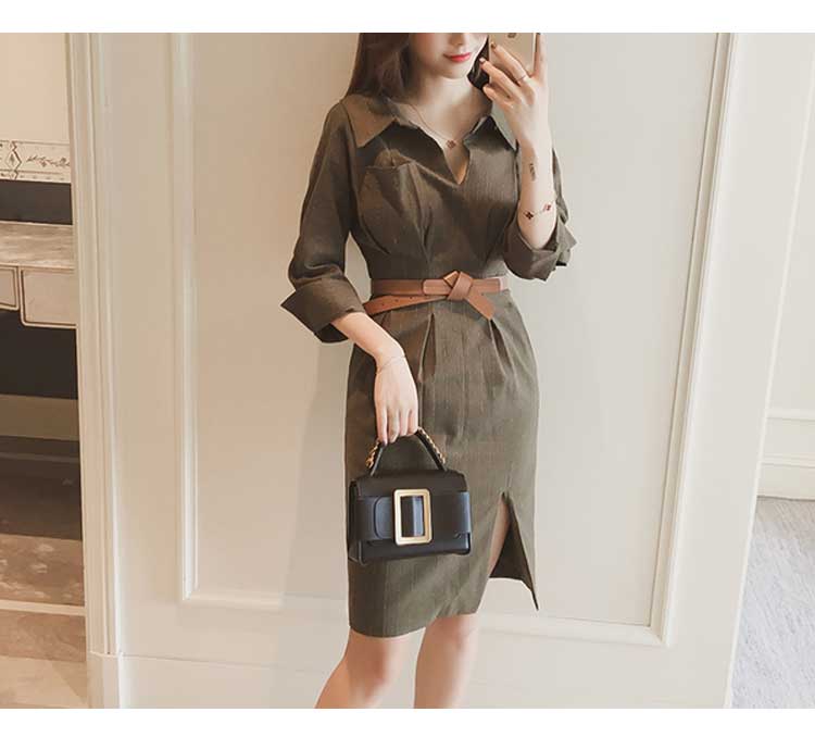 New Stripe Side Shirt Dress Khaki, Belt set Women&