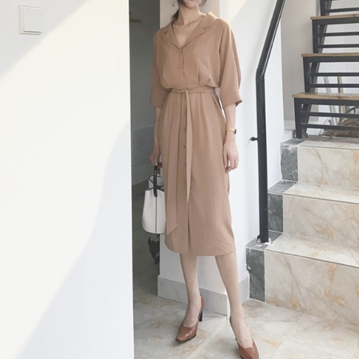 V-neck Double Chiffon Trench Autumn Long Dress La 
