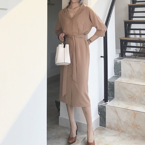 V-neck Double Chiffon Trench Autumn Long Dress La 