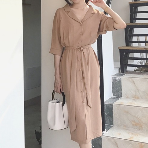 V-neck Double Chiffon Trench Autumn Long Dress La 