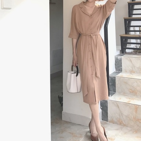 V-neck Double Chiffon Trench Autumn Long Dress La 