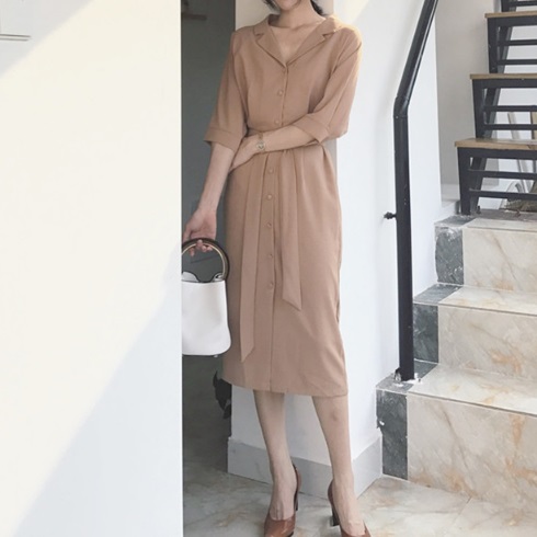 V-neck Double Chiffon Trench Autumn Long Dress La 