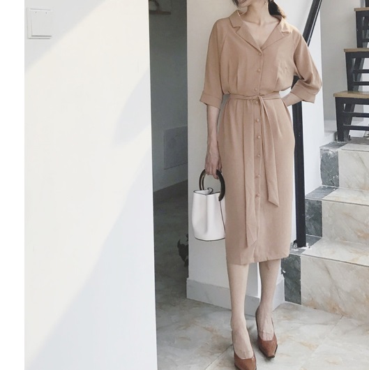 V-neck Double Chiffon Trench Autumn Long Dress La 