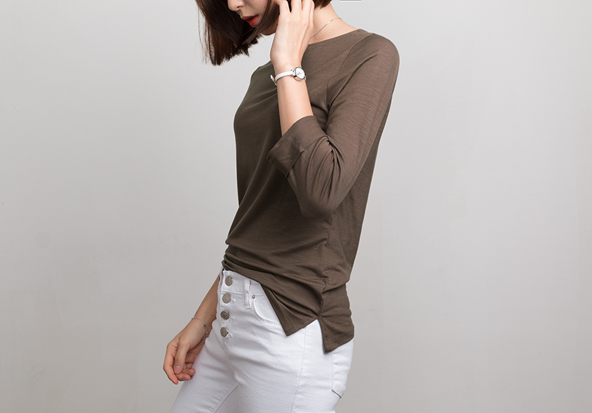 Needle Coat Neck Roll Up 7 Pcs Tencel T-Shirt High